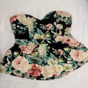 HAVE Floral Strapless‎ Peplum Top Sweetheart Cutout Back Black Multi Size L